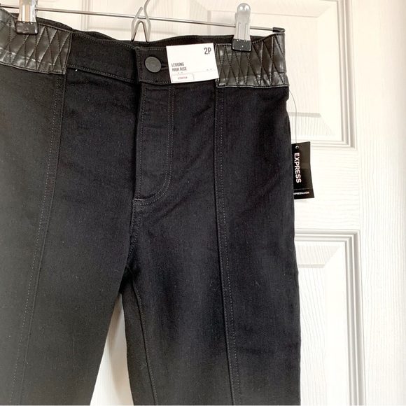 EXPRESS Black Faux Leather Paneled Waist High Rise Skinny Jeans Leggings - Picture 2 of 6